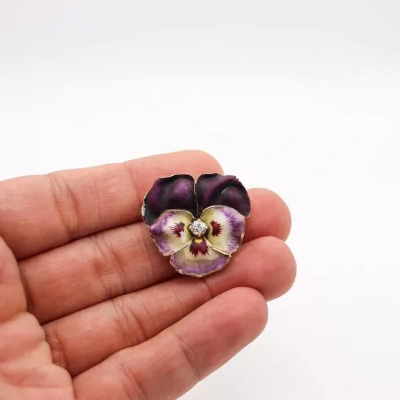Hedges & Co. 1900 Art Nouveau Enamel Pansy Pendant 14Kt  Diamond - Picture 8 of 8
